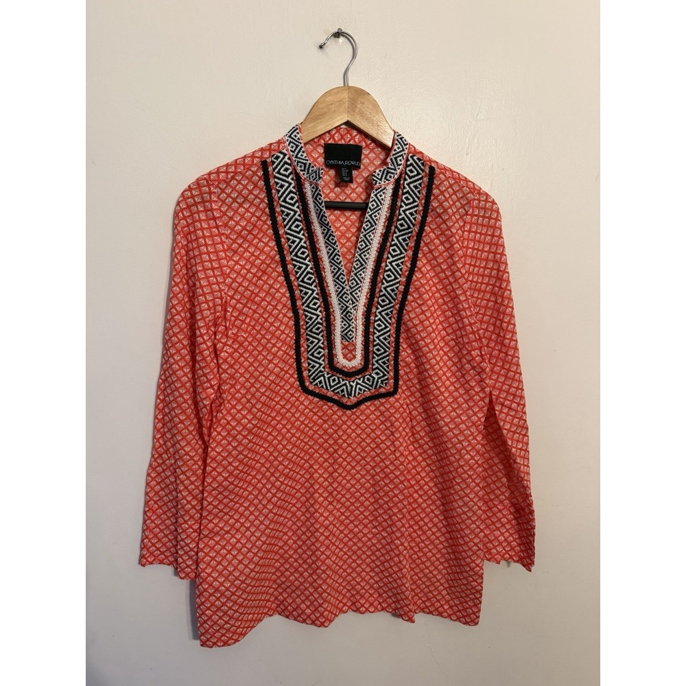 Cynthia Rowley Women's Orange Geometric Print Embroidered Cotton Tunic Small